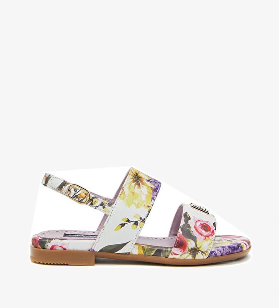 Beyaz Çiçek Desenli Kız Çocuk Deri Sandalet - Görsel 1