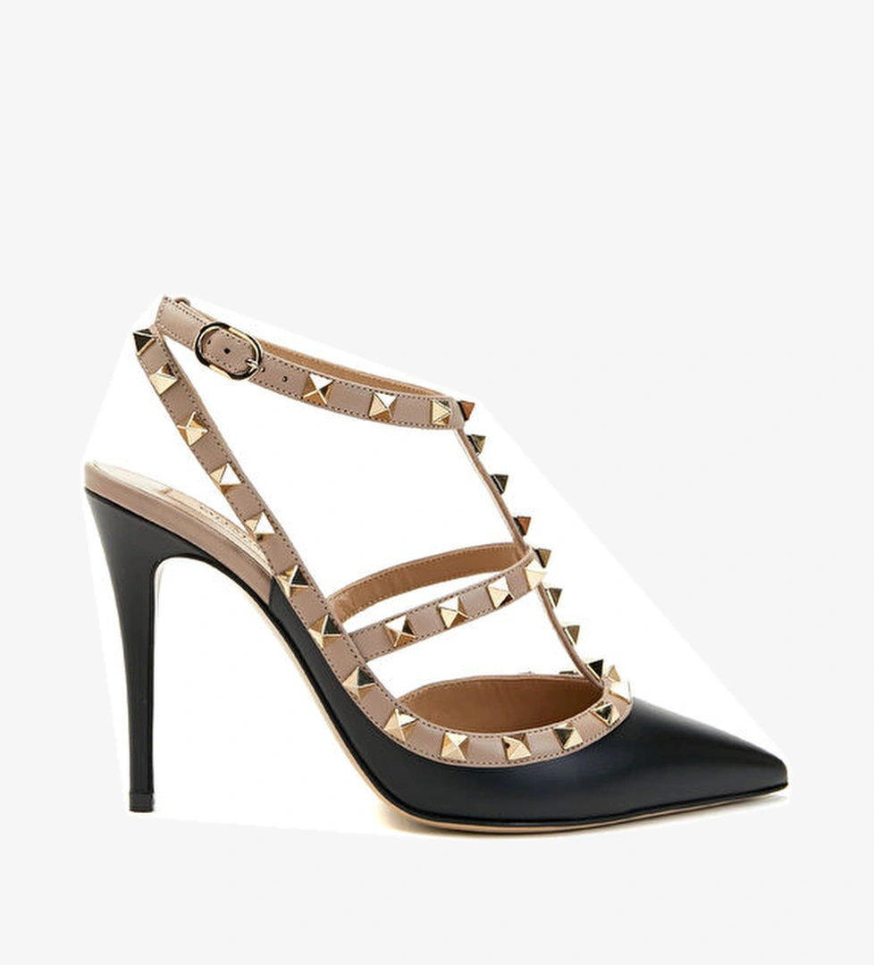 Valentino Garavani Rockstud Siyah Bej Deri Topuklu Ayakkabı model görseli