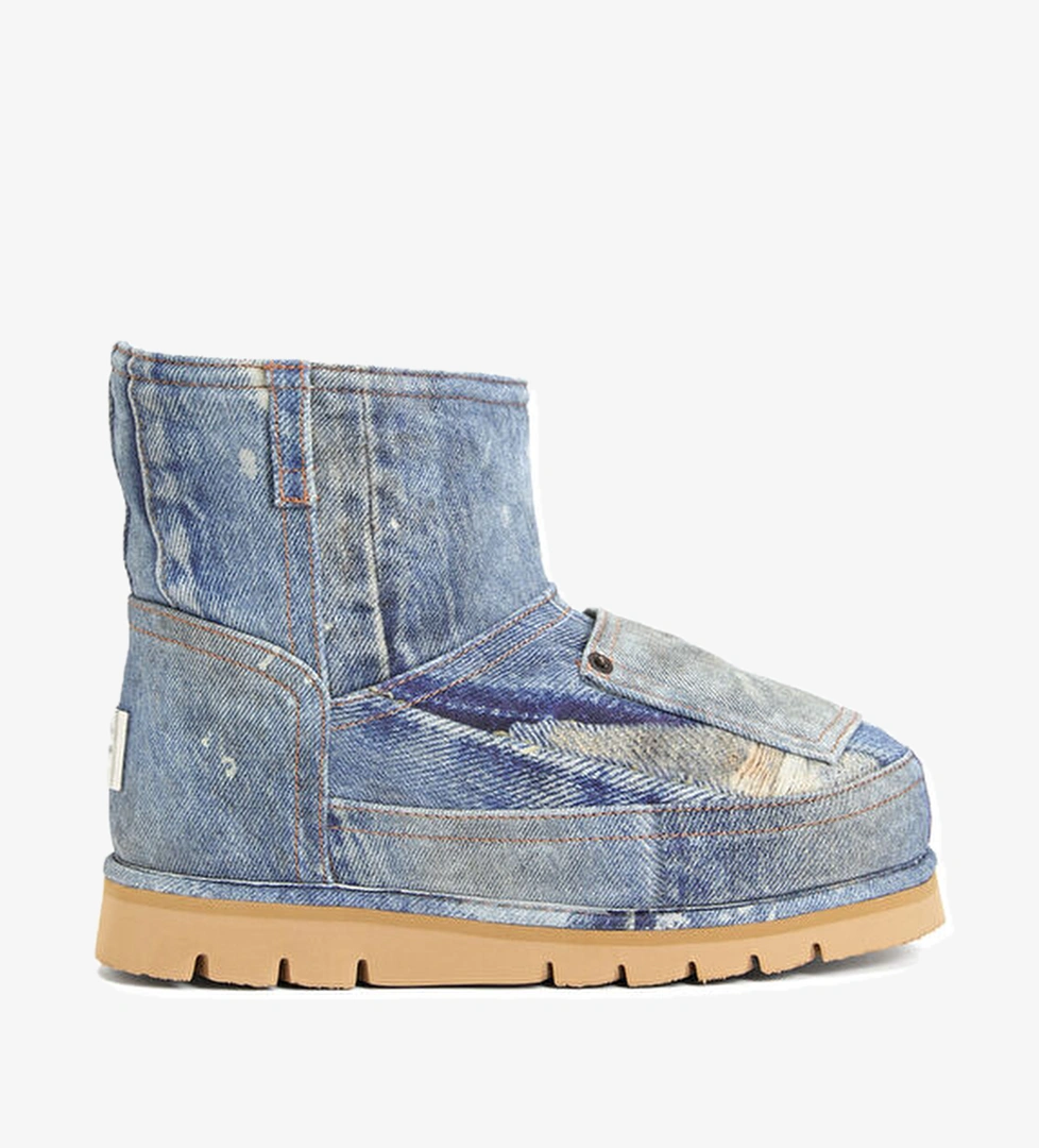 Mavi Denim Dokulu Kadın Deri Kar Botu - Görsel 1