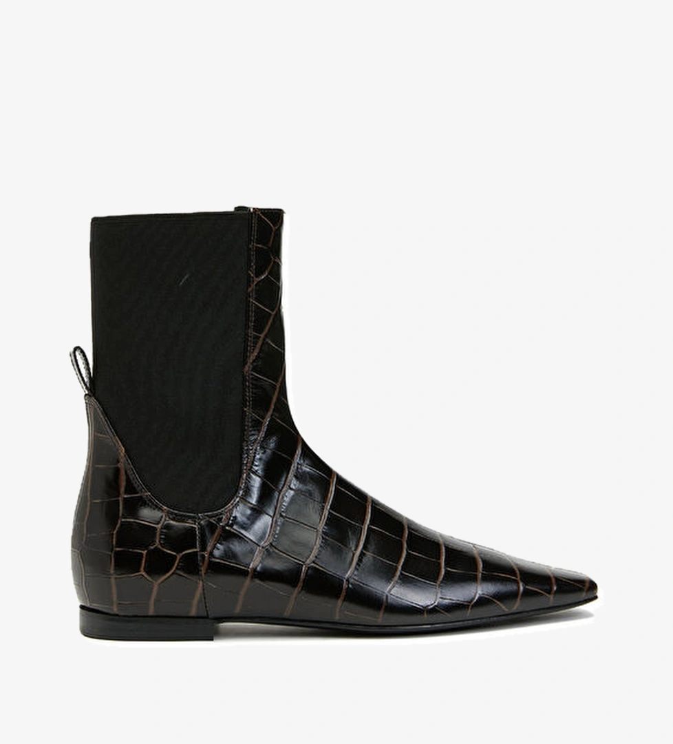 Koyu Kahverengi Krokodil Desenli Kadın Deri Bot - Görsel 1