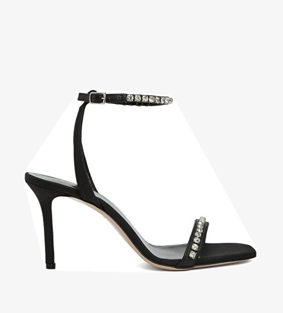 Siyah Taşlı Kadın Saten Sandalet - Görsel 1