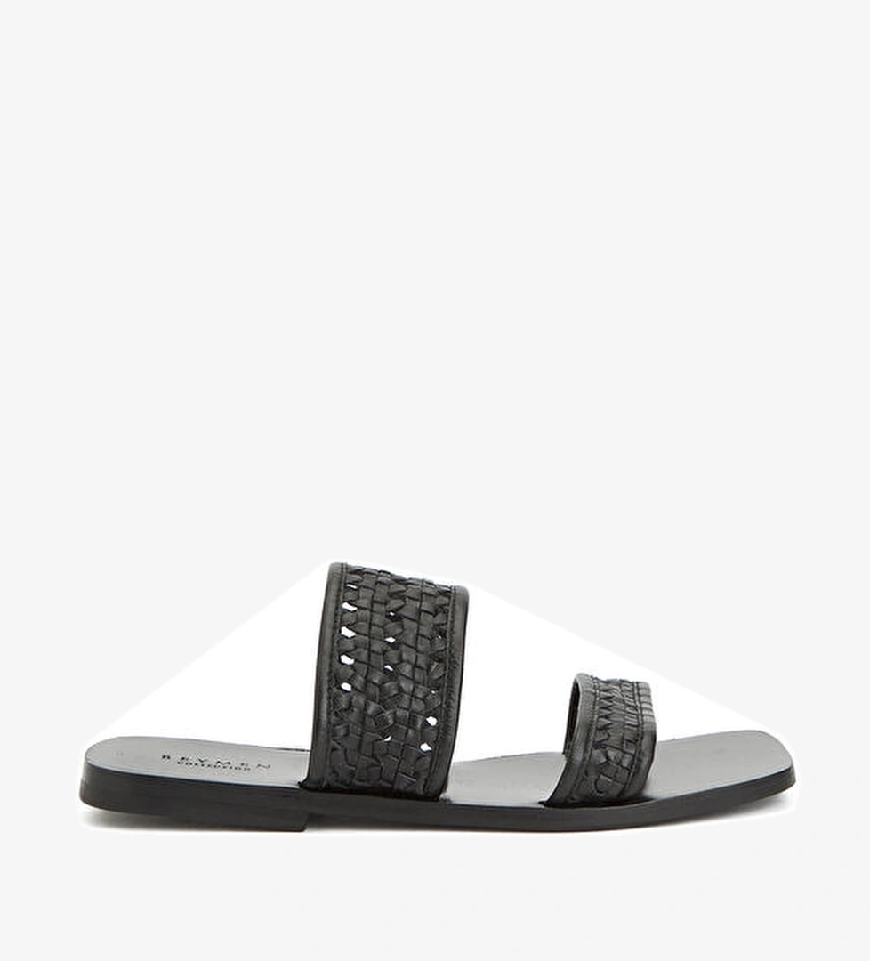 Siyah Örgü Bantlı Kadın Deri Terlik - Görsel 1