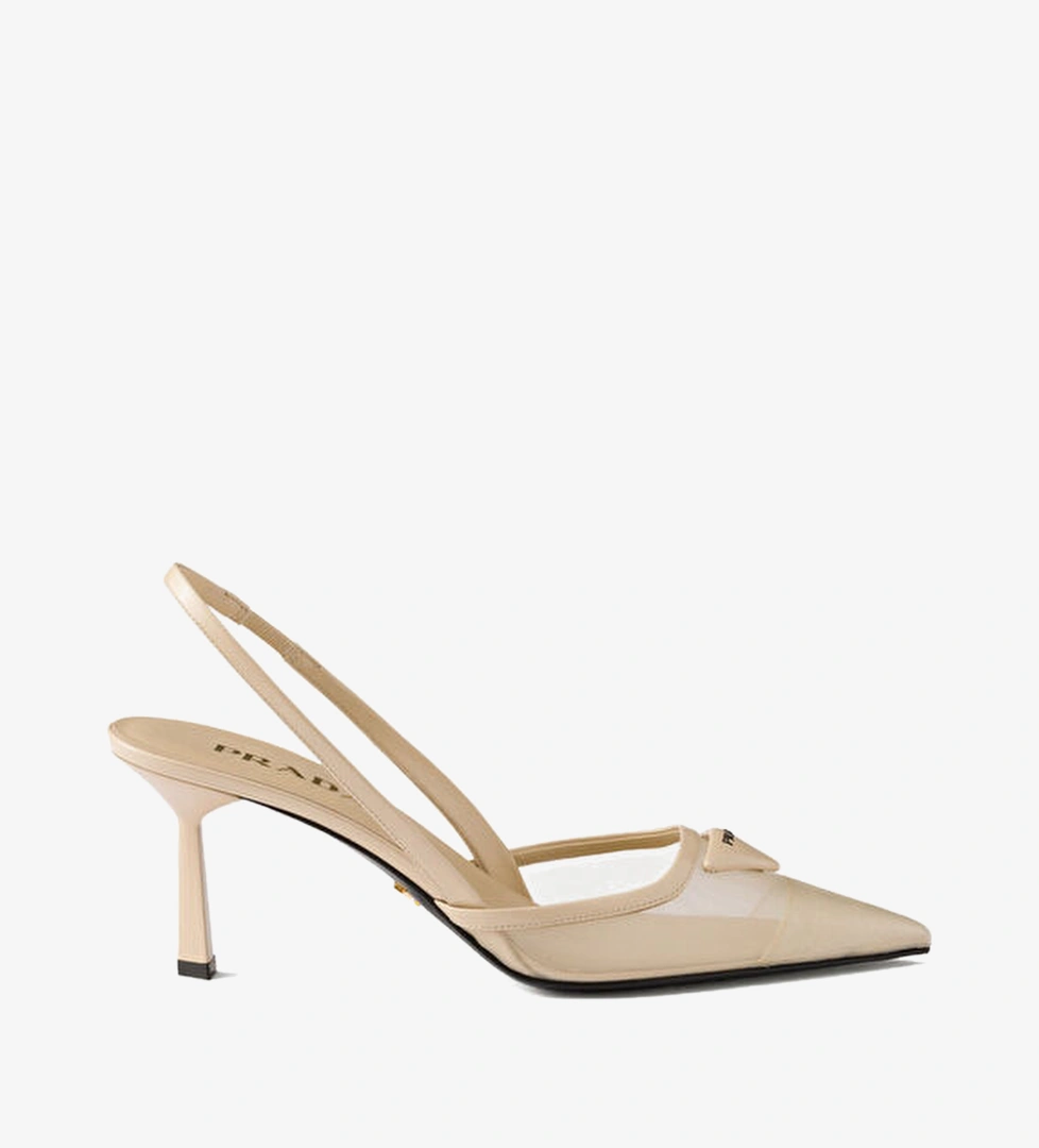 Slingback Siyah Ağ Kumaş Topuklu Ayakkabı