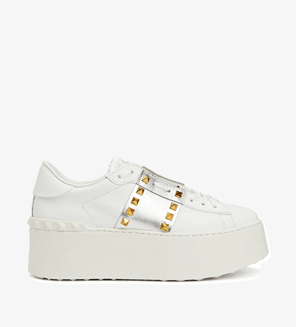 Valentino Garavani Flatform Rockstud Beyaz Silver Kadın Deri Sneaker model görseli