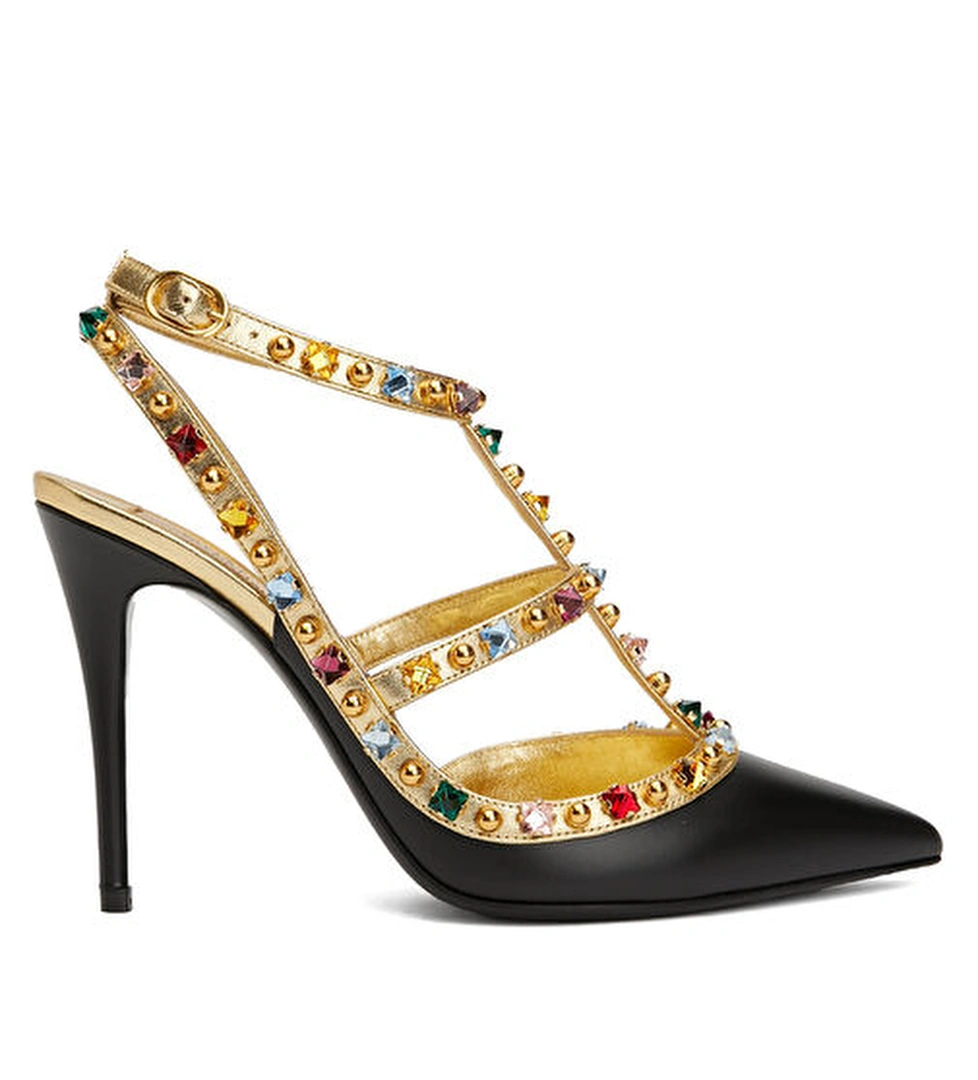 Rockstud Siyah Deri Topuklu Ayakkabı - Görsel 1