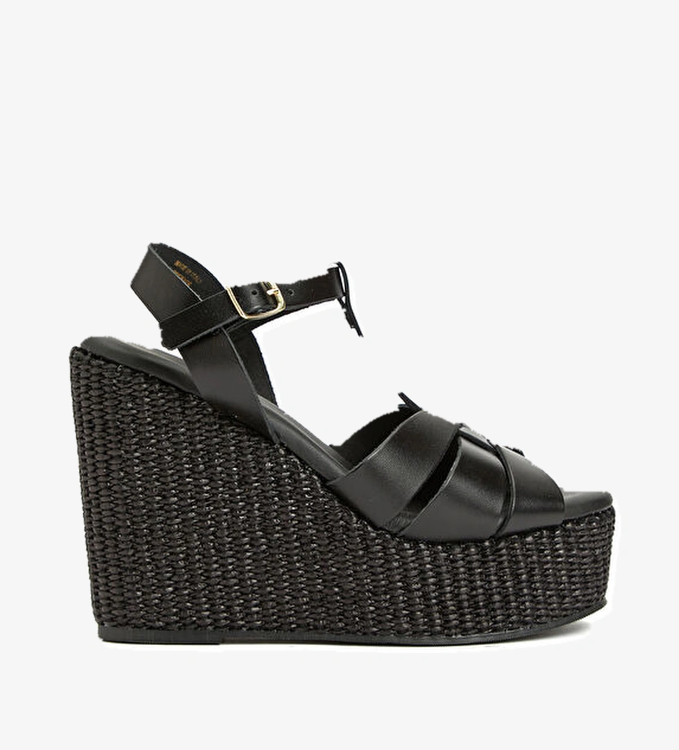 Siyah Hasır Detaylı Kadın Deri Sandalet - Görsel 1