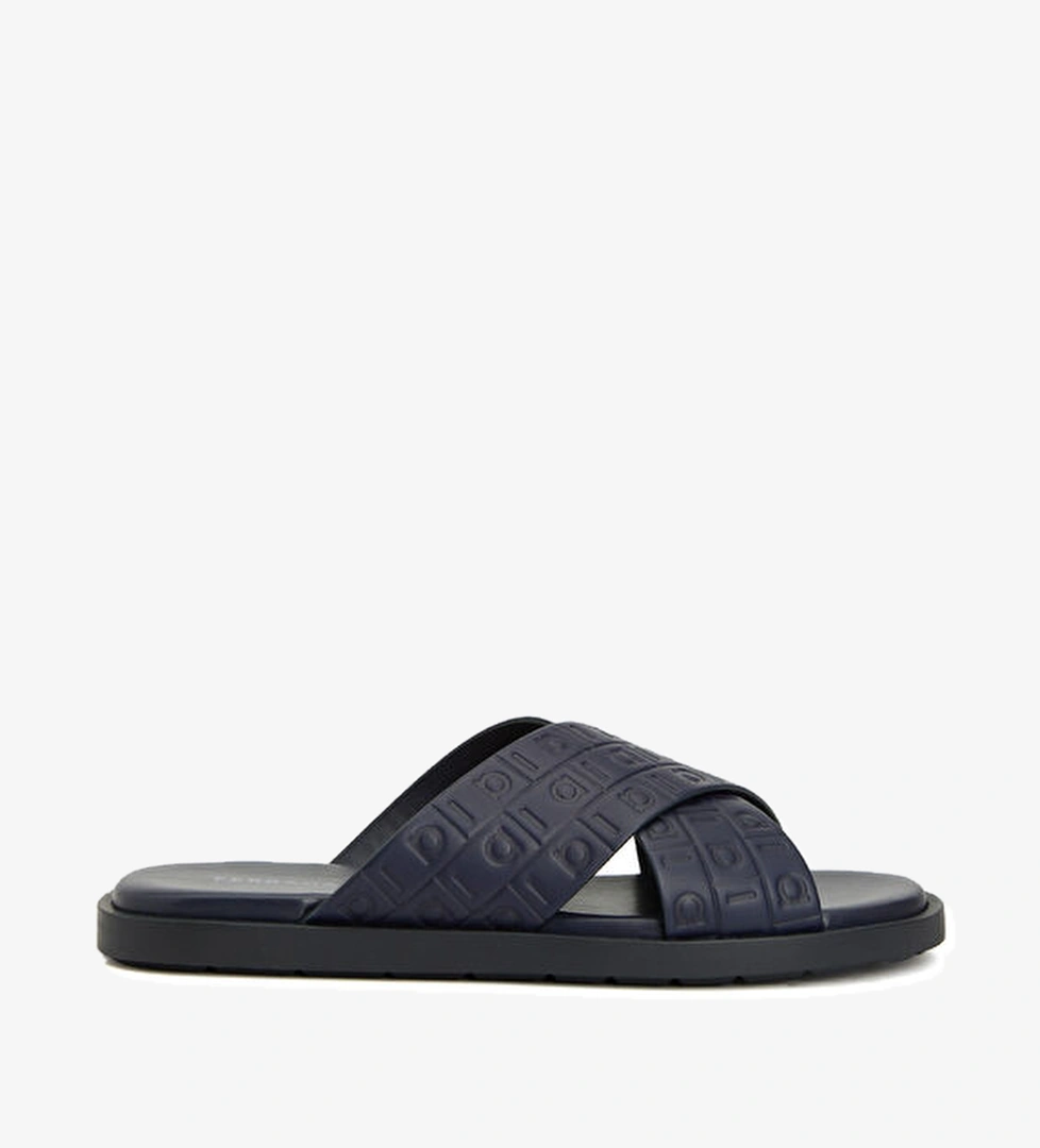 Lacivert Logo Motifli Erkek Deri Terlik - Görsel 1