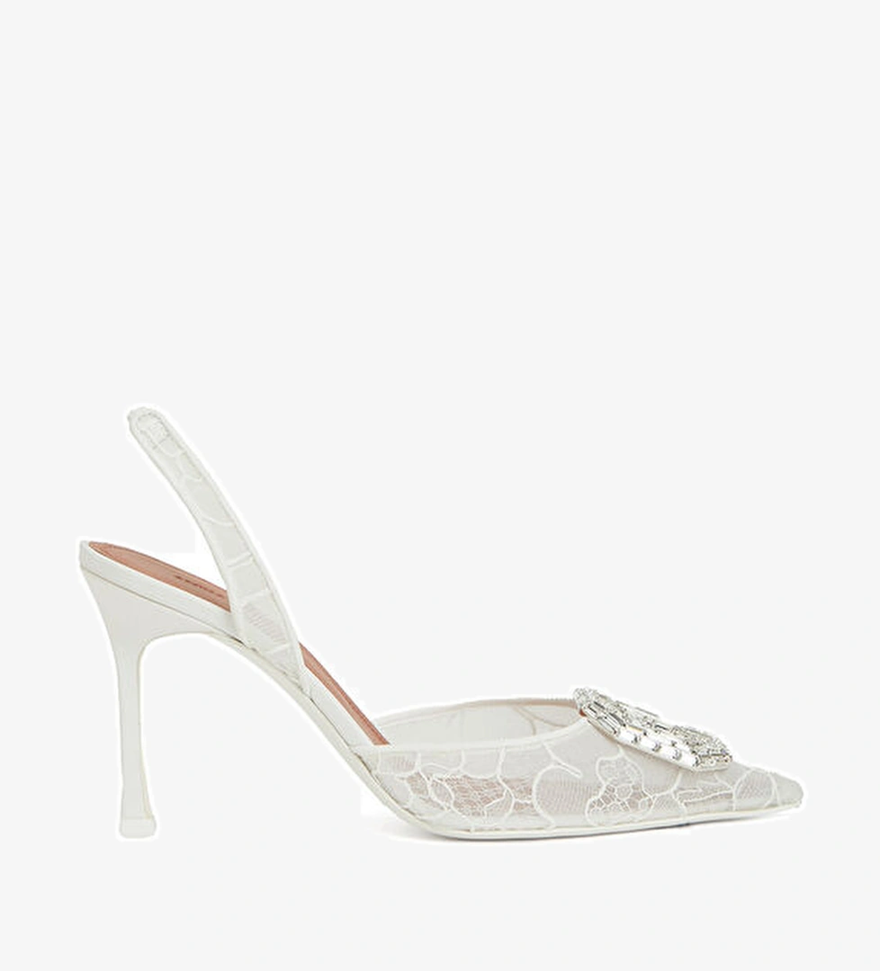 Amina Muaddi Camelia Beyaz Dantel Dokulu Topuklu Ayakkabı model görseli