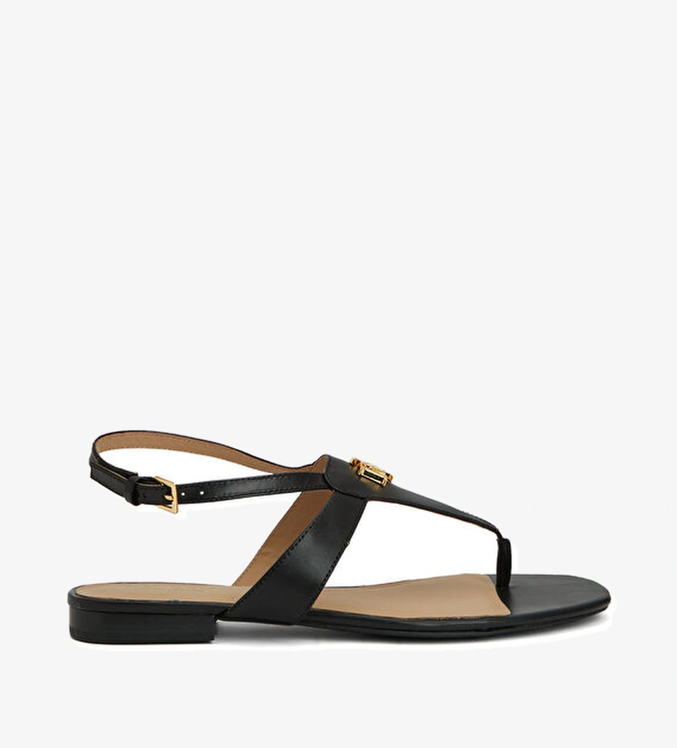 Siyah Logo Detaylı Kadın Deri Sandalet - Görsel 1