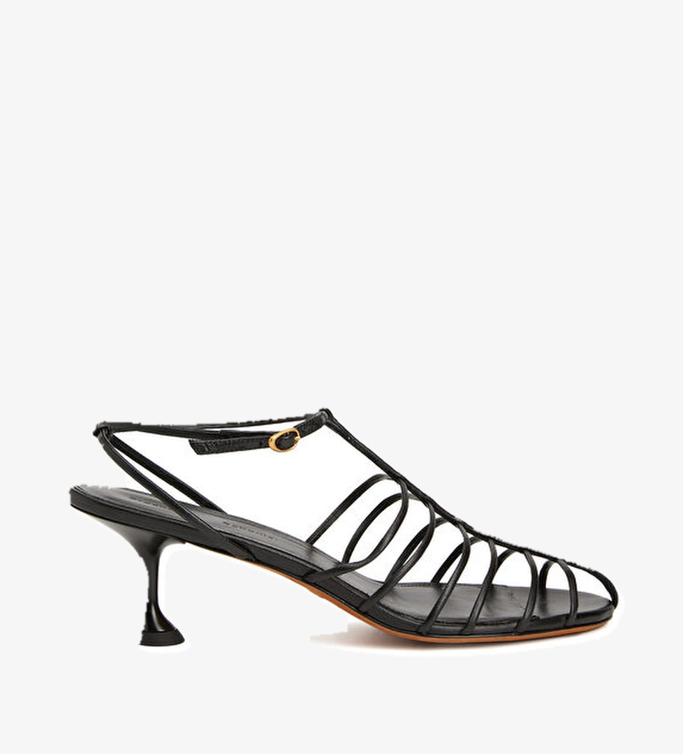 Tee Cage Siyah Topuklu Deri Sandalet - Görsel 1