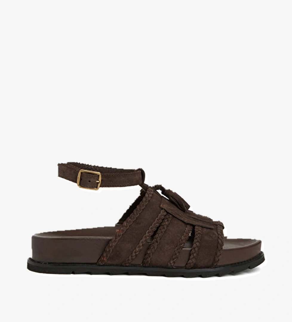 Kahverengi Püskül Detaylı Kadın Deri Sandalet - Görsel 1