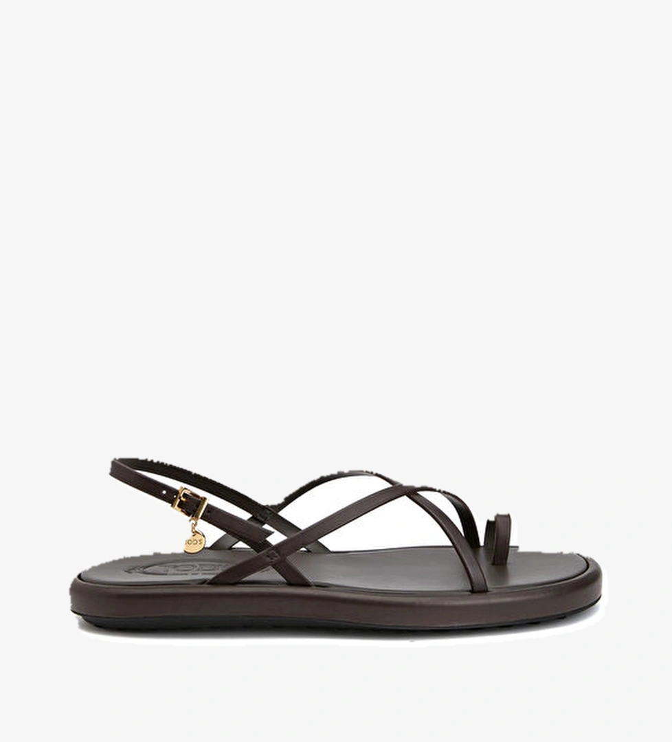 Koyu Kahverengi Kadın Deri Sandalet - Görsel 1