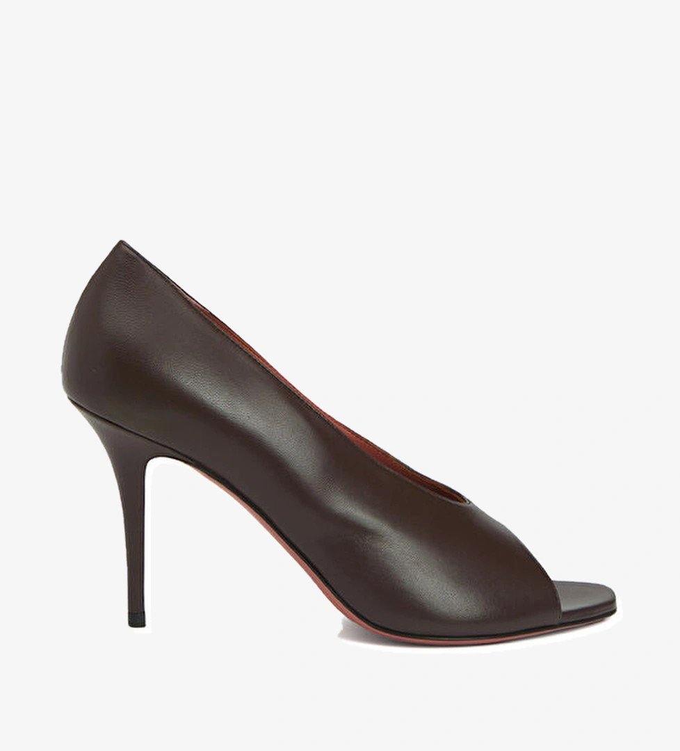 Amina Muaddi Julianne Peep Koyu Kahverengi Deri Topuklu Ayakkab model görseli