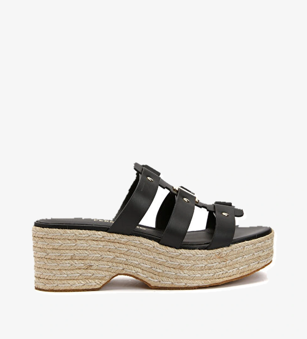 Siyah Logo Tokalı Kadın Deri Terlik - Görsel 1