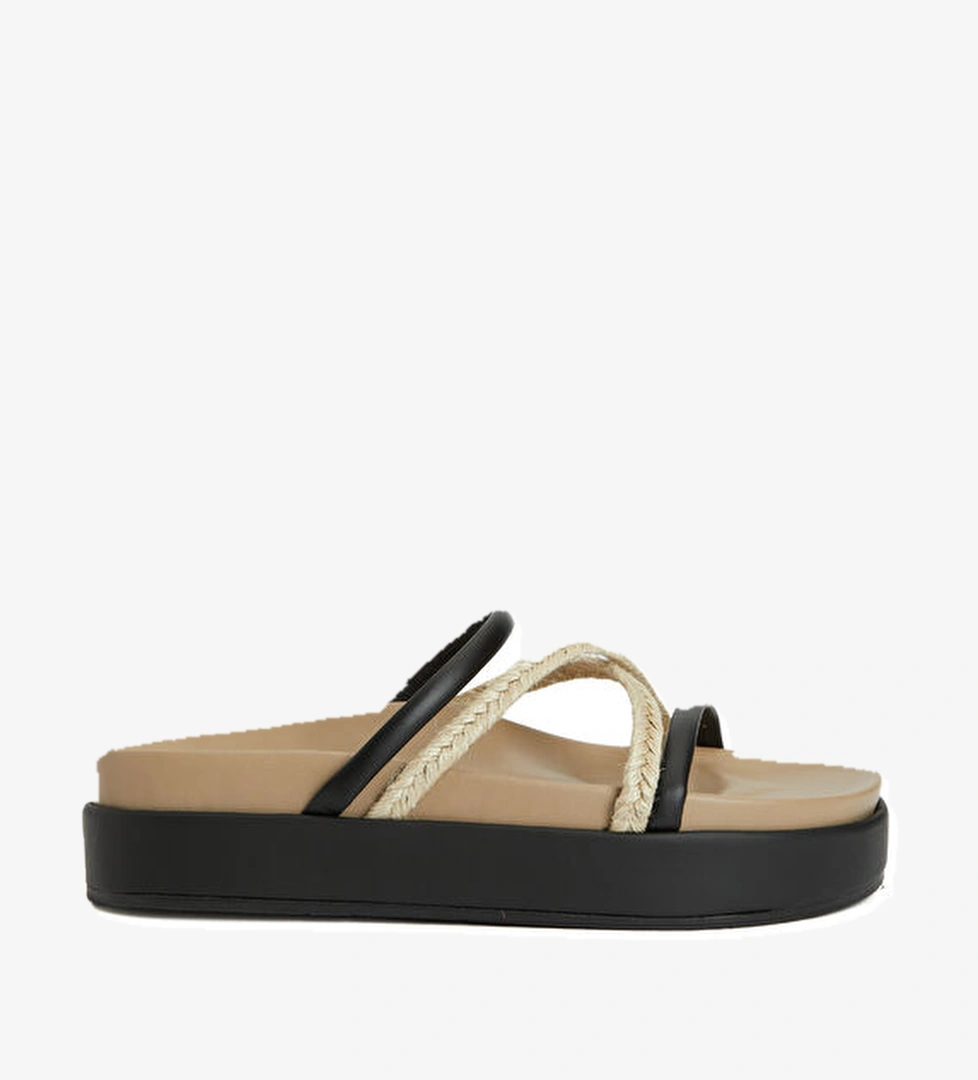 Ancient Greek Sandals Aba Bej Siyah Kadın Deri Terlik model görseli