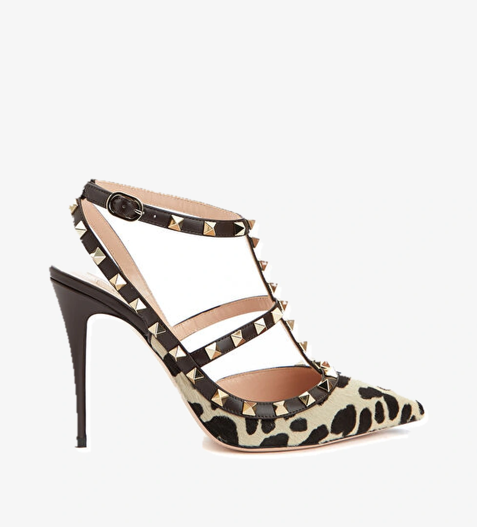 Rockstud Kahve Beyaz Deri Topuklu Ayakkabı - Görsel 1