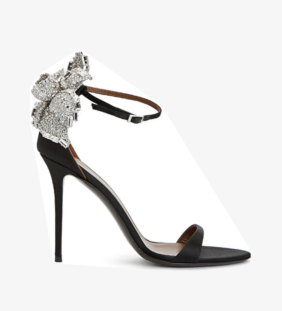 Giuseppe Zanotti Siyah Kristal Taşlı Çiçekli Saten Topuklu Sandalet model görseli