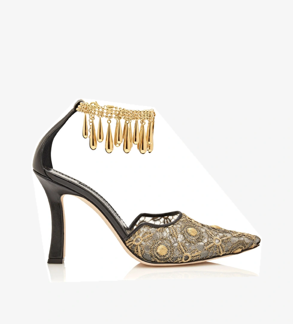 Manolo Blahnik Harnicusus Siyah Gold Topuklu Ayakkabı model görseli