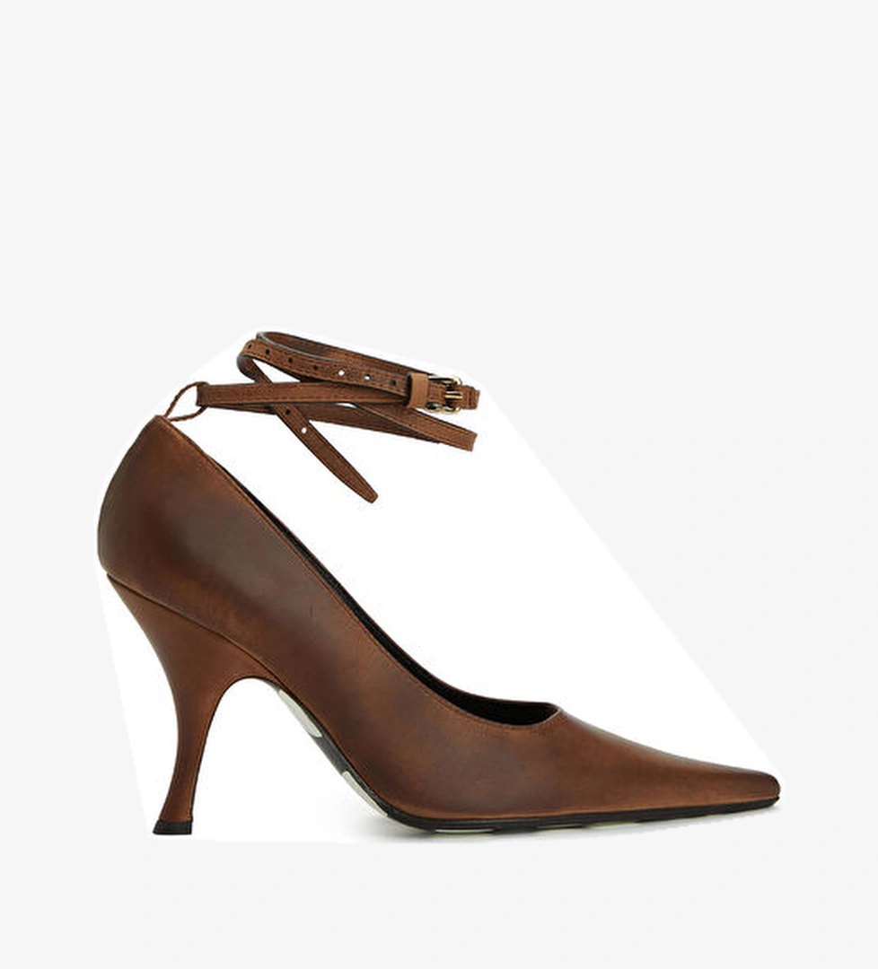 Kahverengi Deri Topuklu Ayakkabı - Görsel 1