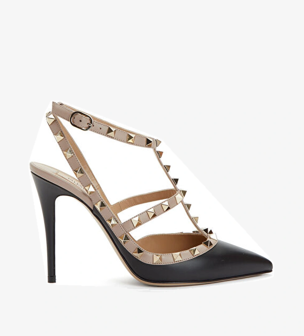 Valentino Garavani Rockstud Siyah Bej Deri Topuklu Ayakkabı model görseli