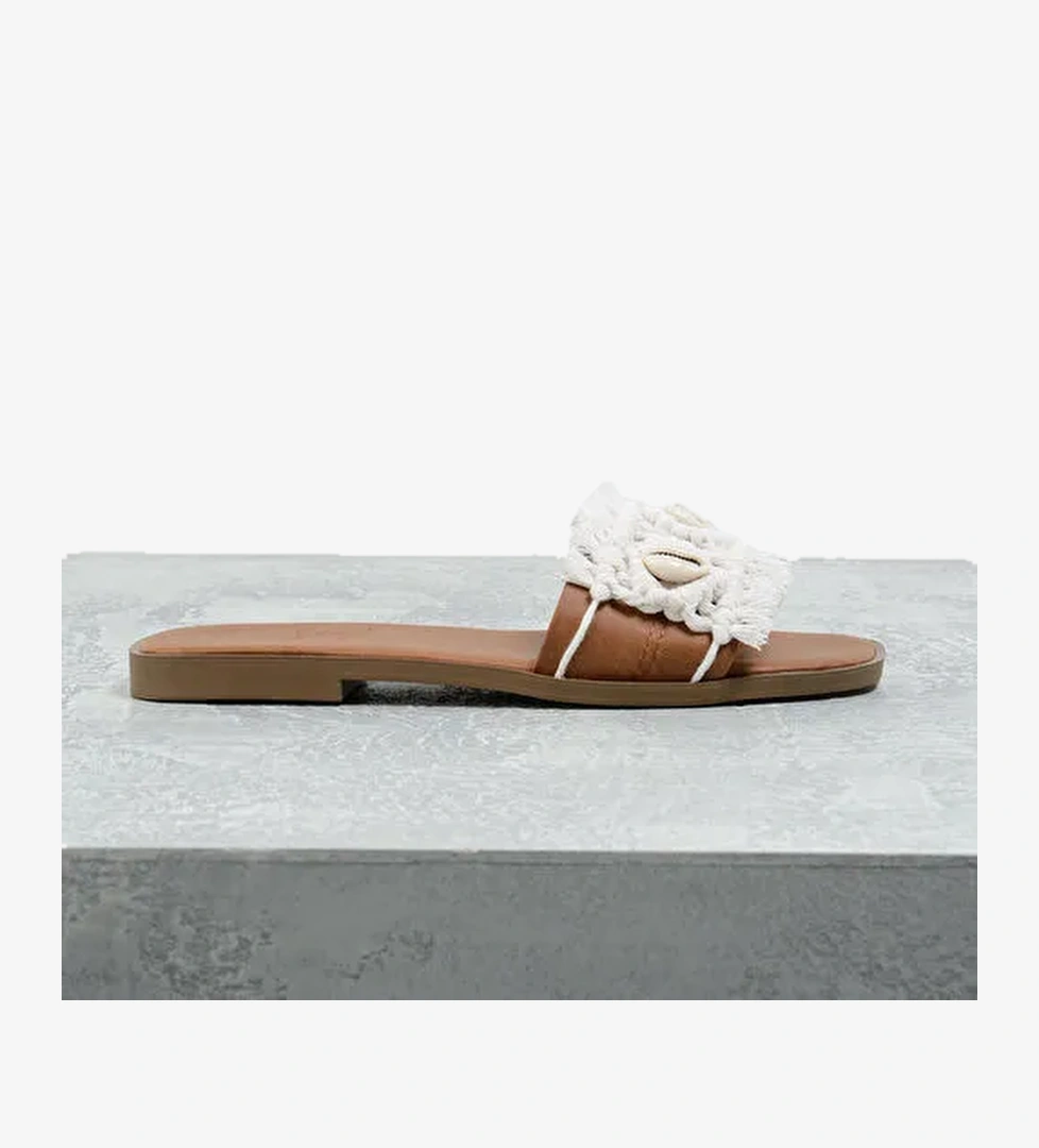 Fabrika Beyaz-Kahverengi Kadın Terlik DONISE - Görsel 1