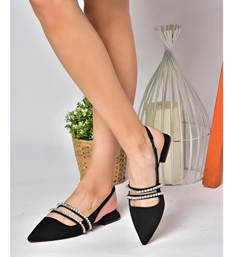 P820508004 Siyah Kumaş Taşlı Kadın Babet - Görsel 1