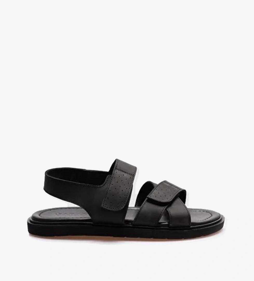 Hakiki Deri Siyah Cırt Cırtlı Erkek Günlük Sandalet - Görsel 1