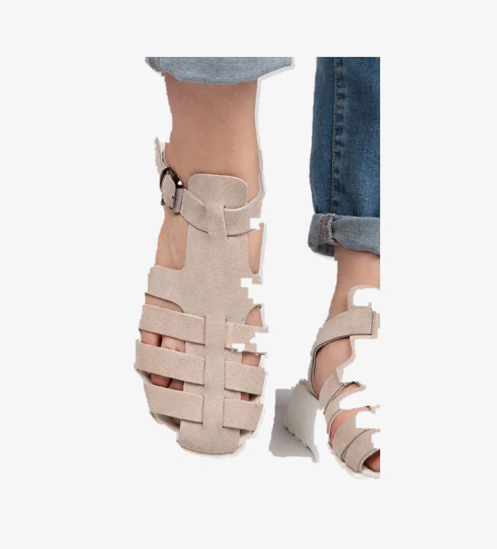 Manijero Bej-Beyaz Kadın Deri Sandalet MNJ.034.10 - Görsel 1