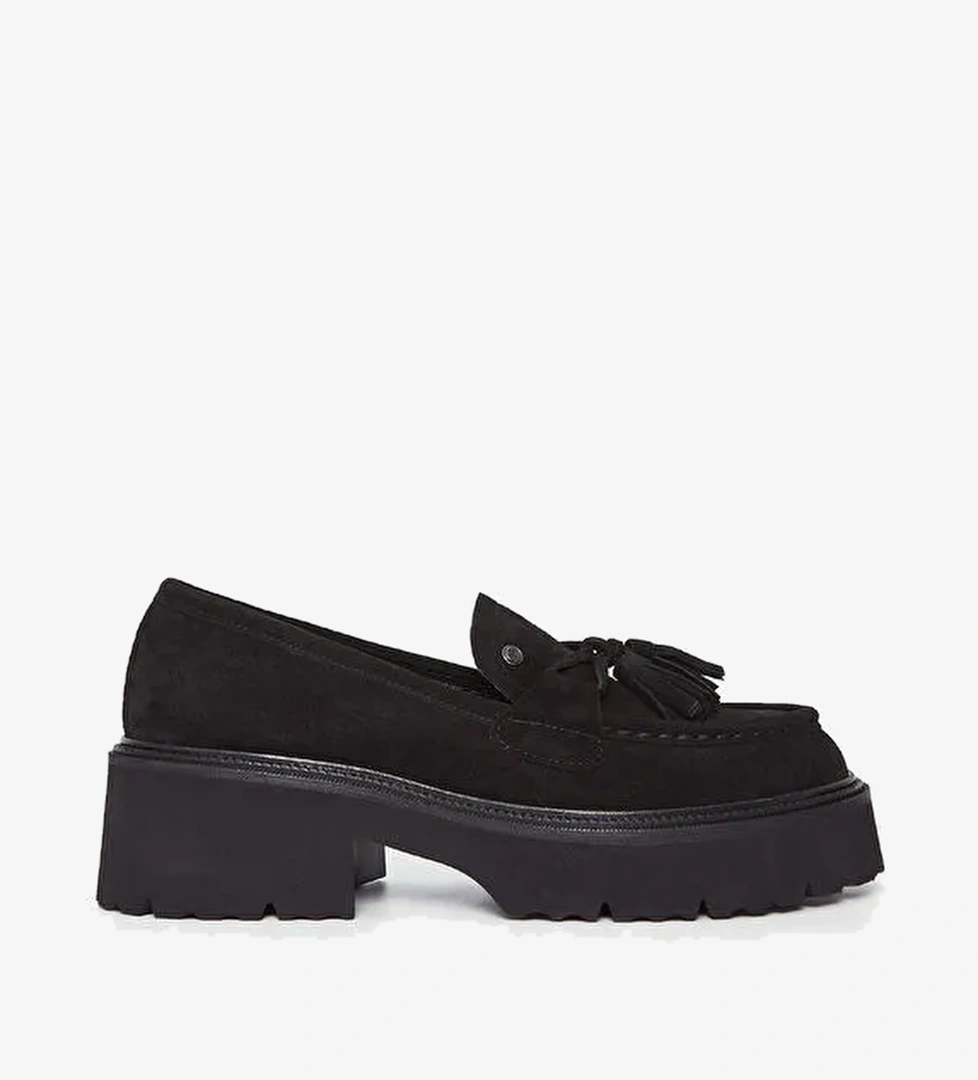 Tamer Tanca Kadın Hakiki Deri Siyah Süet Loafer Ayakkabı - Görsel 1