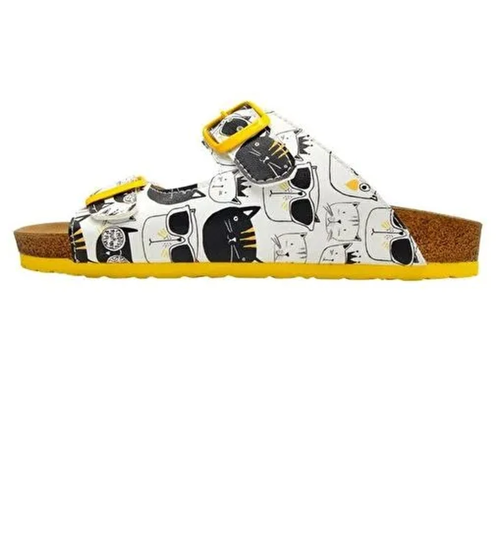 Kadın Vegan Deri Beyaz Terlik - Monochrome Cats Tasarım - Görsel 1