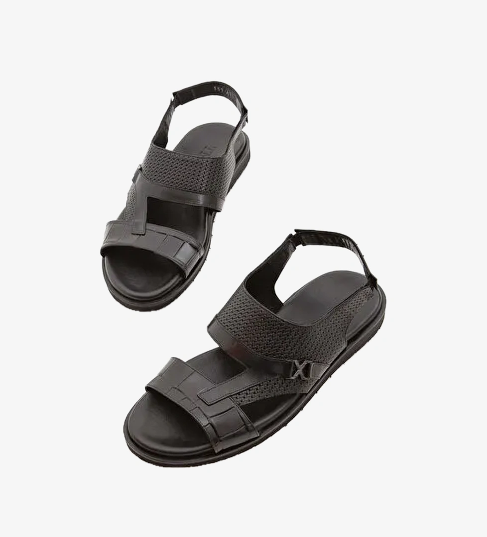 Tamer Tanca Erkek Hakiki Deri Siyah Günlük Sandalet