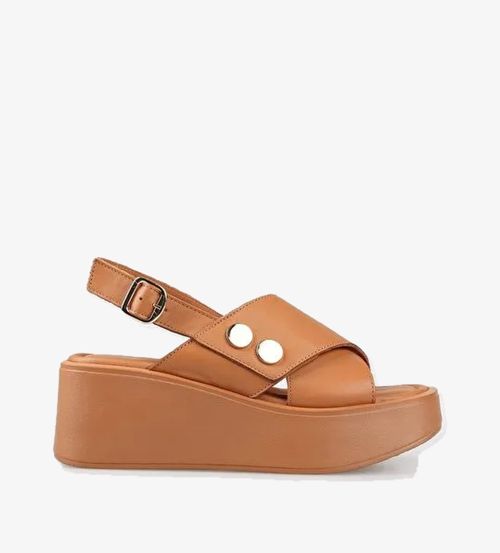 Taba Deri Kadın Dolgu Topuklu Sandalet - Görsel 1