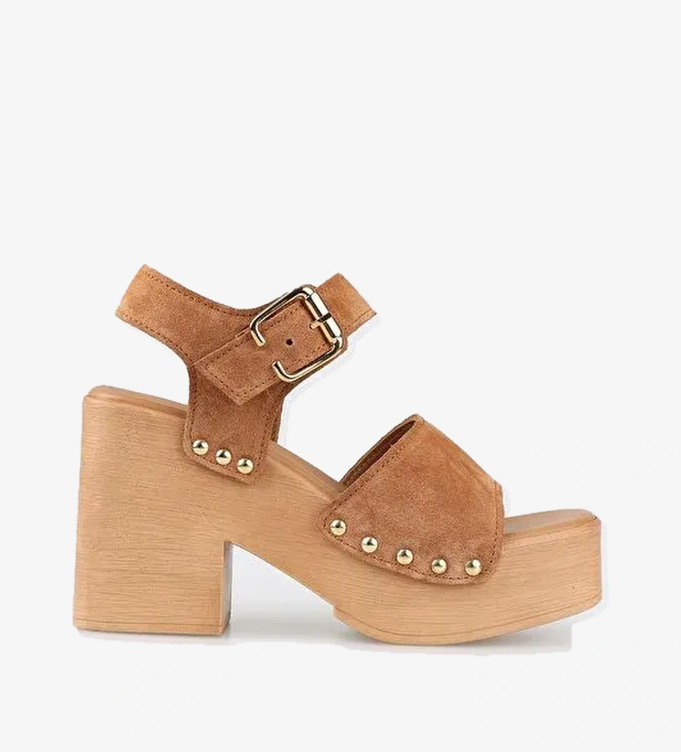 Taba Deri Kadın Topuklu Sandalet - Görsel 1