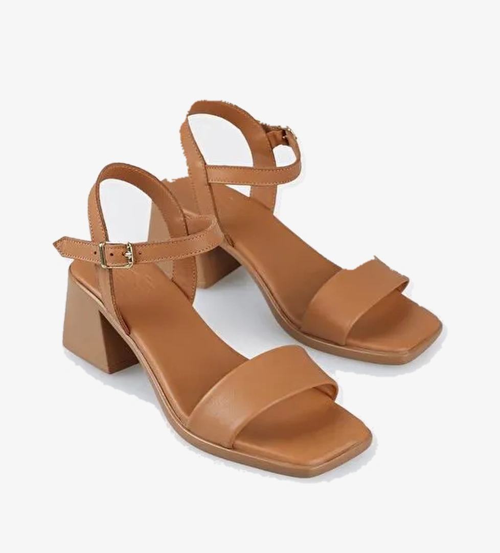 Taba Deri Kadın Topuklu Sandalet - Görsel 1