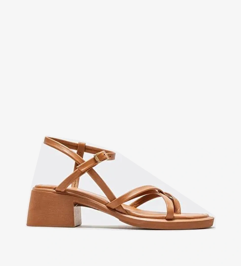 Taba Deri Kadın Topuklu Sandalet - Görsel 1