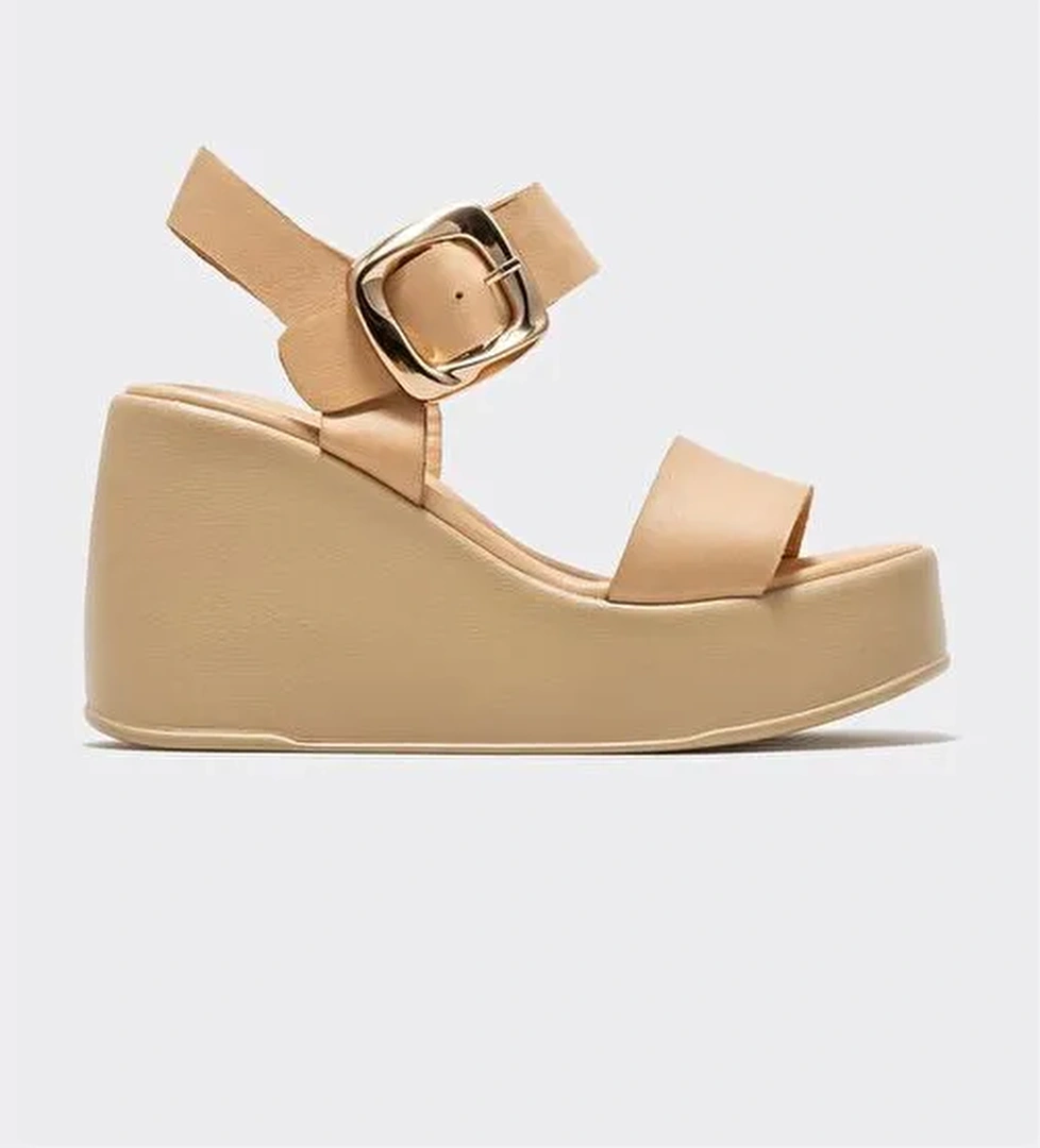 Naturel Deri Kadın Dolgu Topuk Sandalet - Görsel 1