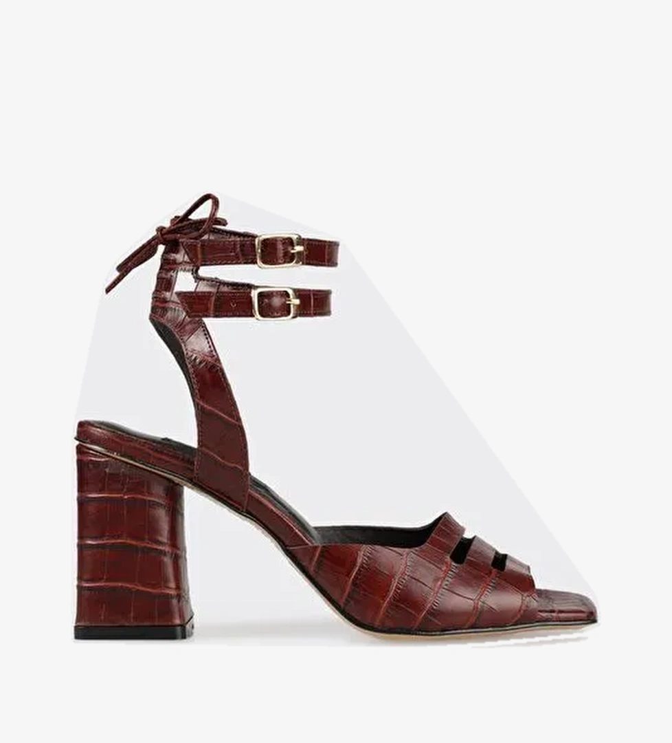 Kahve Deri Kadın Topuklu Sandalet - Görsel 1