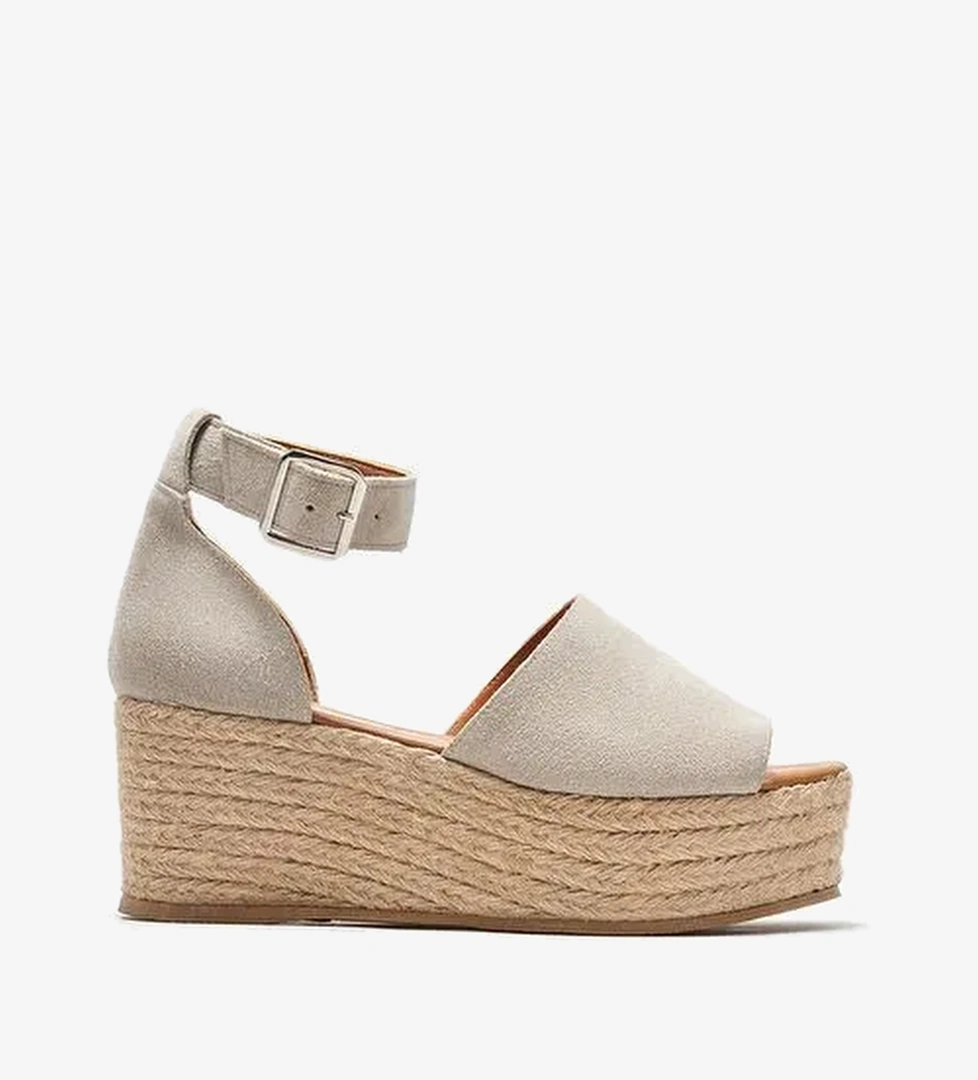 Bej Deri Kadın Dolgu Topuklu Sandalet - Görsel 1