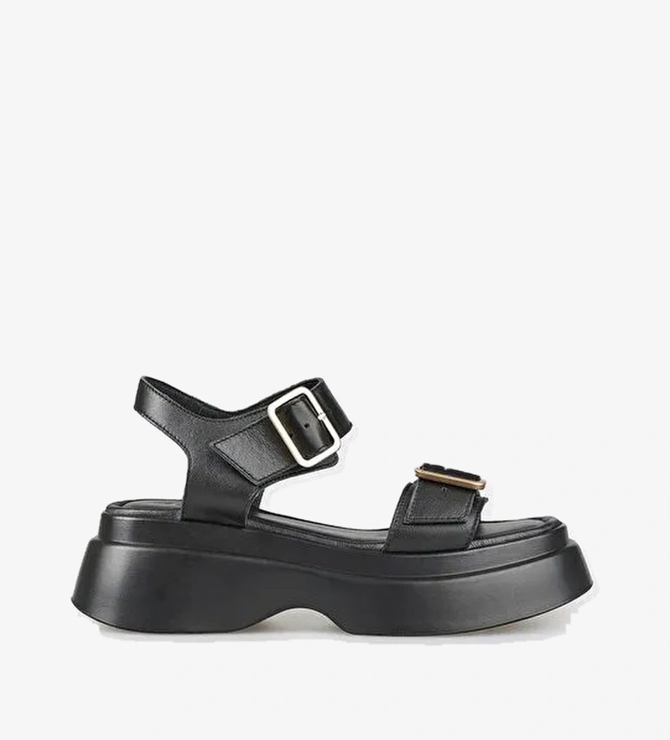 Siyah Deri Kadın Dolgu Topuk Sandalet - Görsel 1