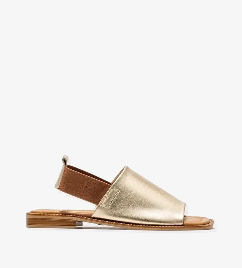 Gold Deri Kadın Düz Sandalet - Görsel 1