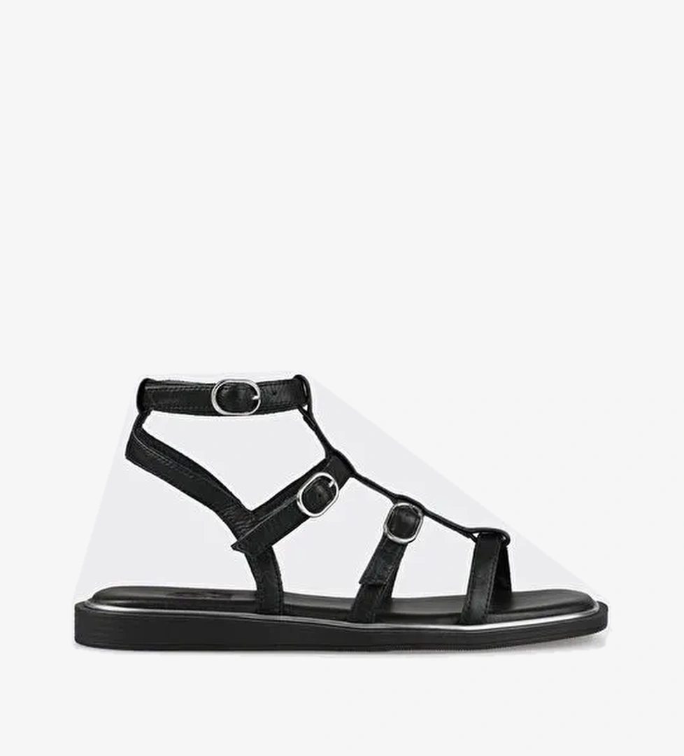 Siyah Deri Kadın Düz Sandalet - Görsel 1