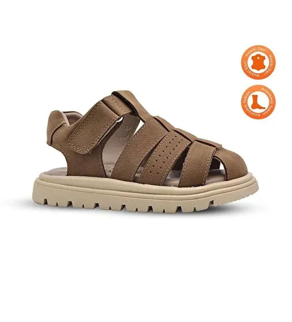 Galler Hakiki Deri Tek Cırtlı Unisex Çocuk Sandalet Kum Rengi - Görsel 1