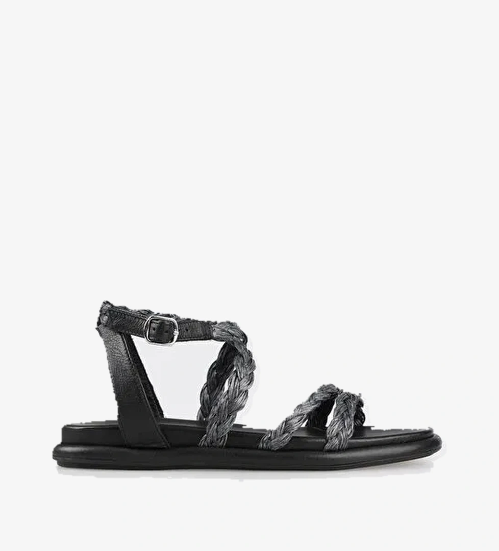 Siyah Deri Kadın Düz Sandalet - Görsel 1