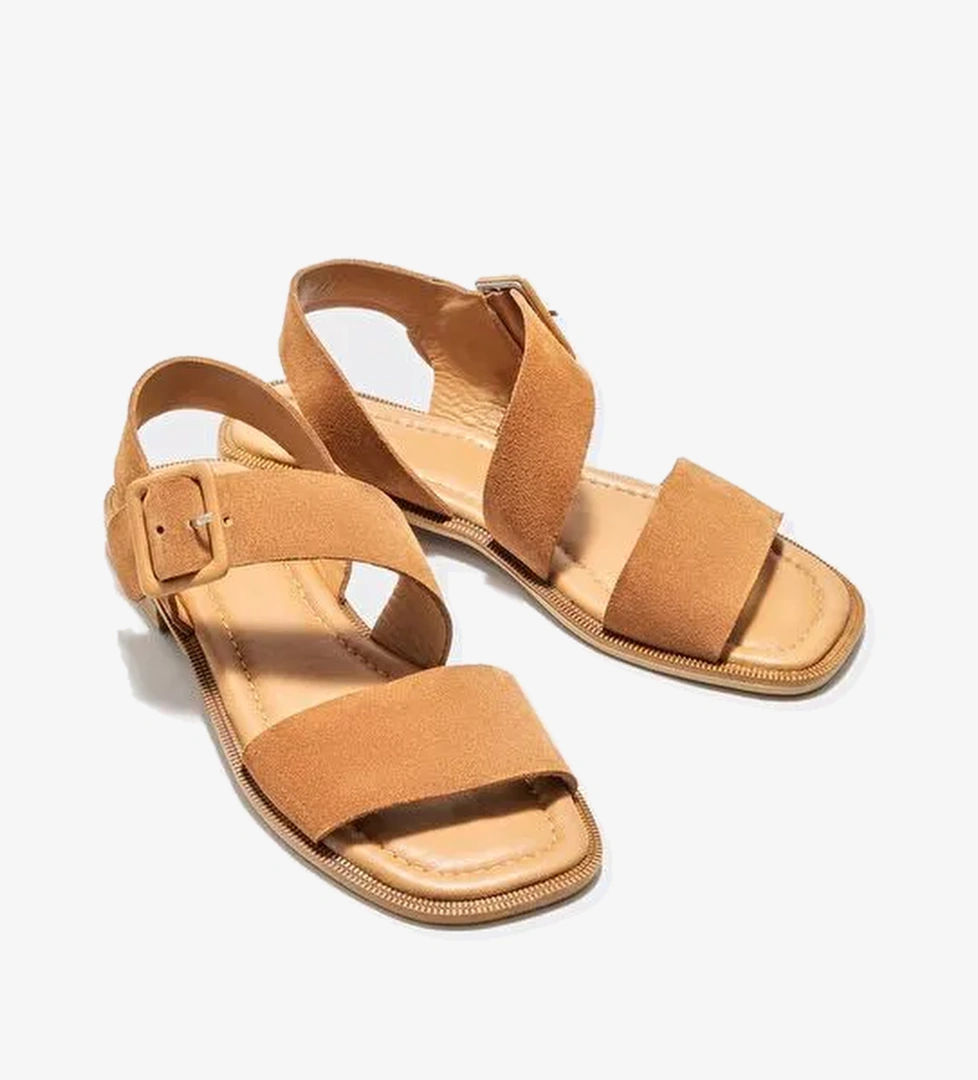 Taba Deri Kadın Düz Sandalet - Görsel 1