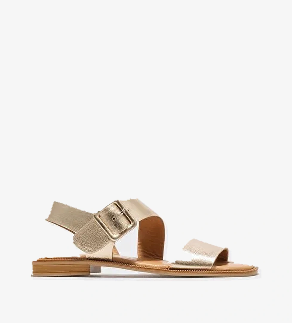 Gold Deri Kadın Düz Sandalet - Görsel 1