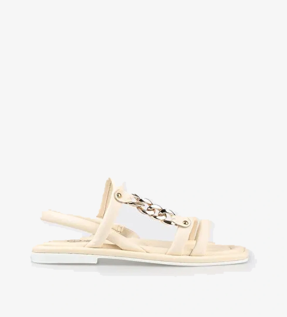 Bej Deri Kadın Düz Sandalet - Görsel 1