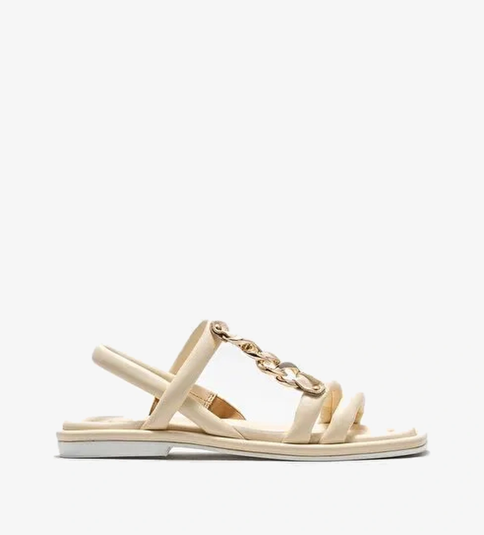 Bej Deri Kadın Düz Sandalet - Görsel 1