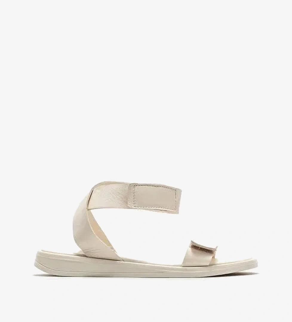 Ekru Deri Kadın Düz Sandalet - Görsel 1