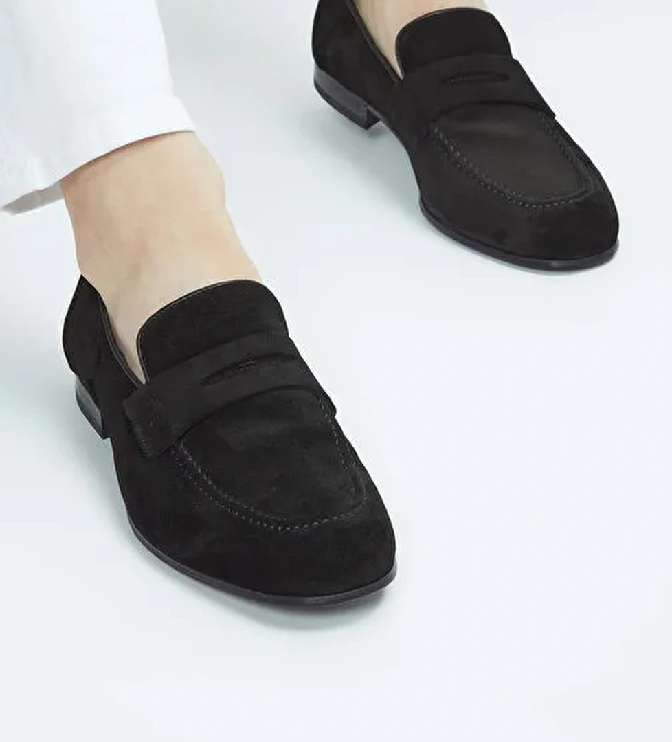 Tamer Tanca Erkek Hakiki Deri Siyah Süet Loafer Ayakkabı - Görsel 1