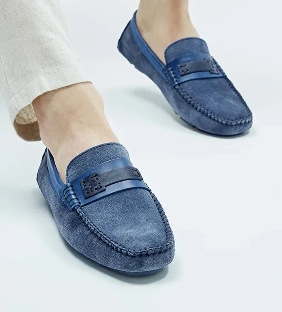 Tamer Tanca Erkek Hakiki Deri Lacivert Süet Loafer Ayakkabı - Görsel 1